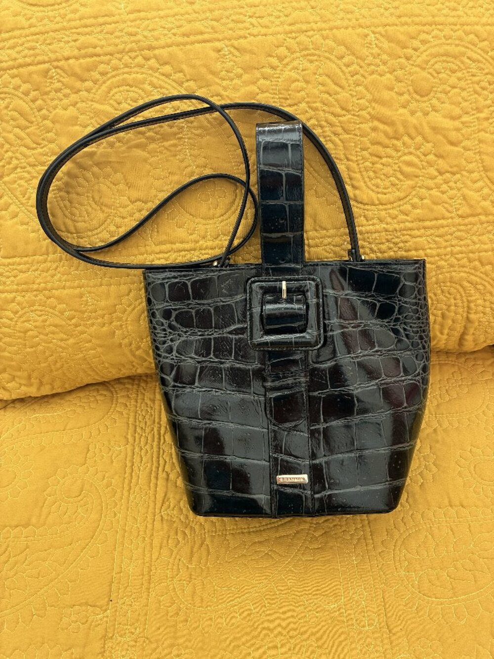 Brahmin Black Crocodile-Embossed Shoulder Bag | Crossbody | Gold Hardware